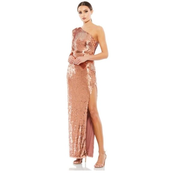 New Mac Duggal Sequin One Sleeve Column Gown‎ Size 8 Copper 10788 - Picture 1 of 11